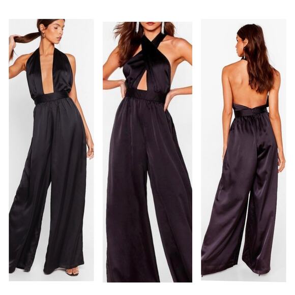 Nasty Gal Black Satin Backless Crossover Halter Wide Leg Pant Jumpsuit Size 8 - Picture 1 of 10